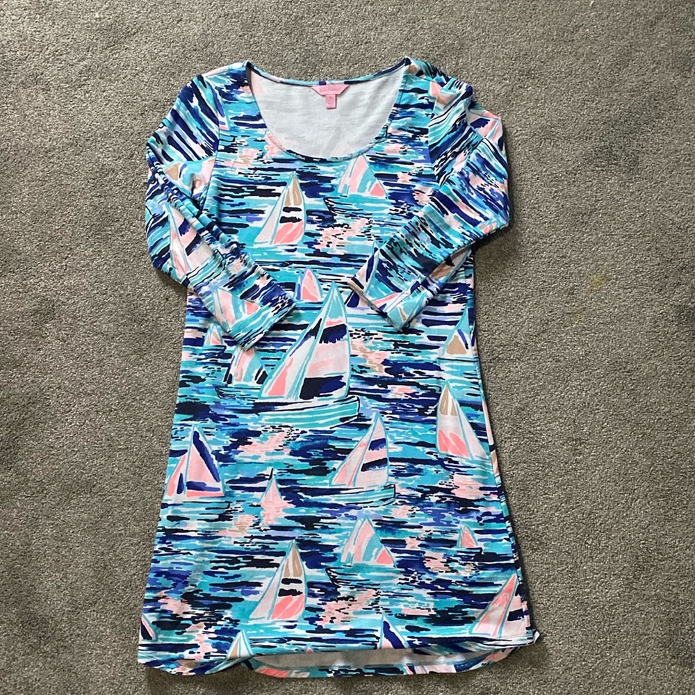 Lilly Pulitzer Tammy UPF 50 Pier Pressure Boat Print French Terry Tunic Dress M